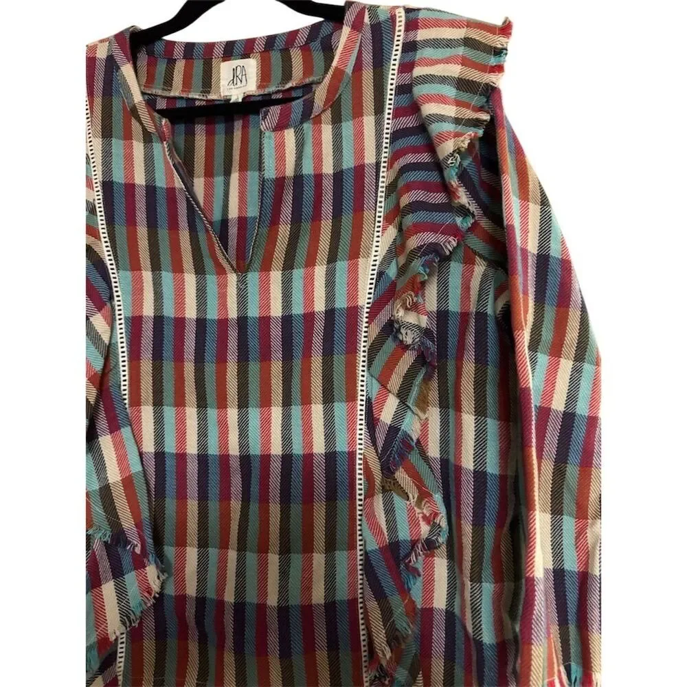 Anthropologie Women's Plaid Fringe Ruffle Tunic Blouse Size L Multicolor - Picture 4 of 8
